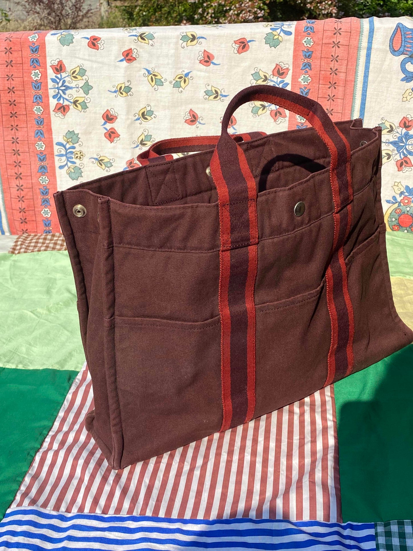 PEARLE closet - Hermes Burgundy and Red Stripe Tote