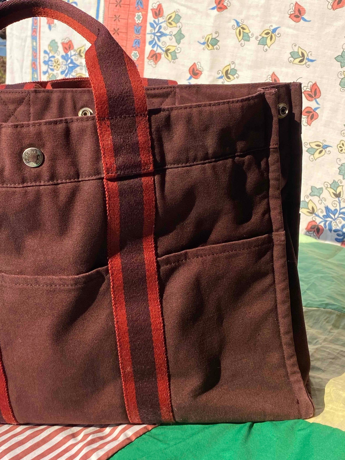 PEARLE closet - Hermes Burgundy and Red Stripe Tote